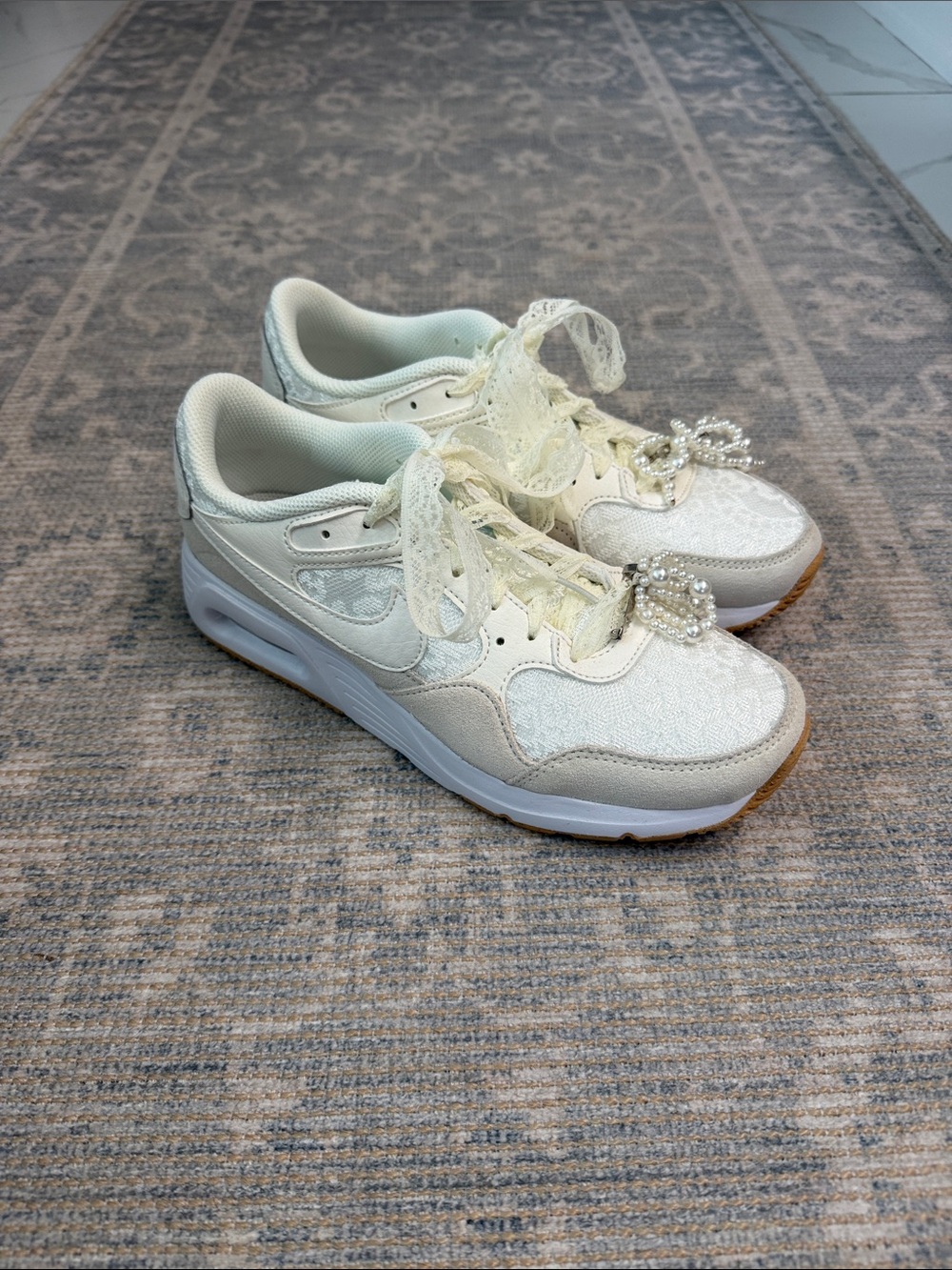 Nike Air Max SC Cream & White Lace Sneakers with Pearl Bow